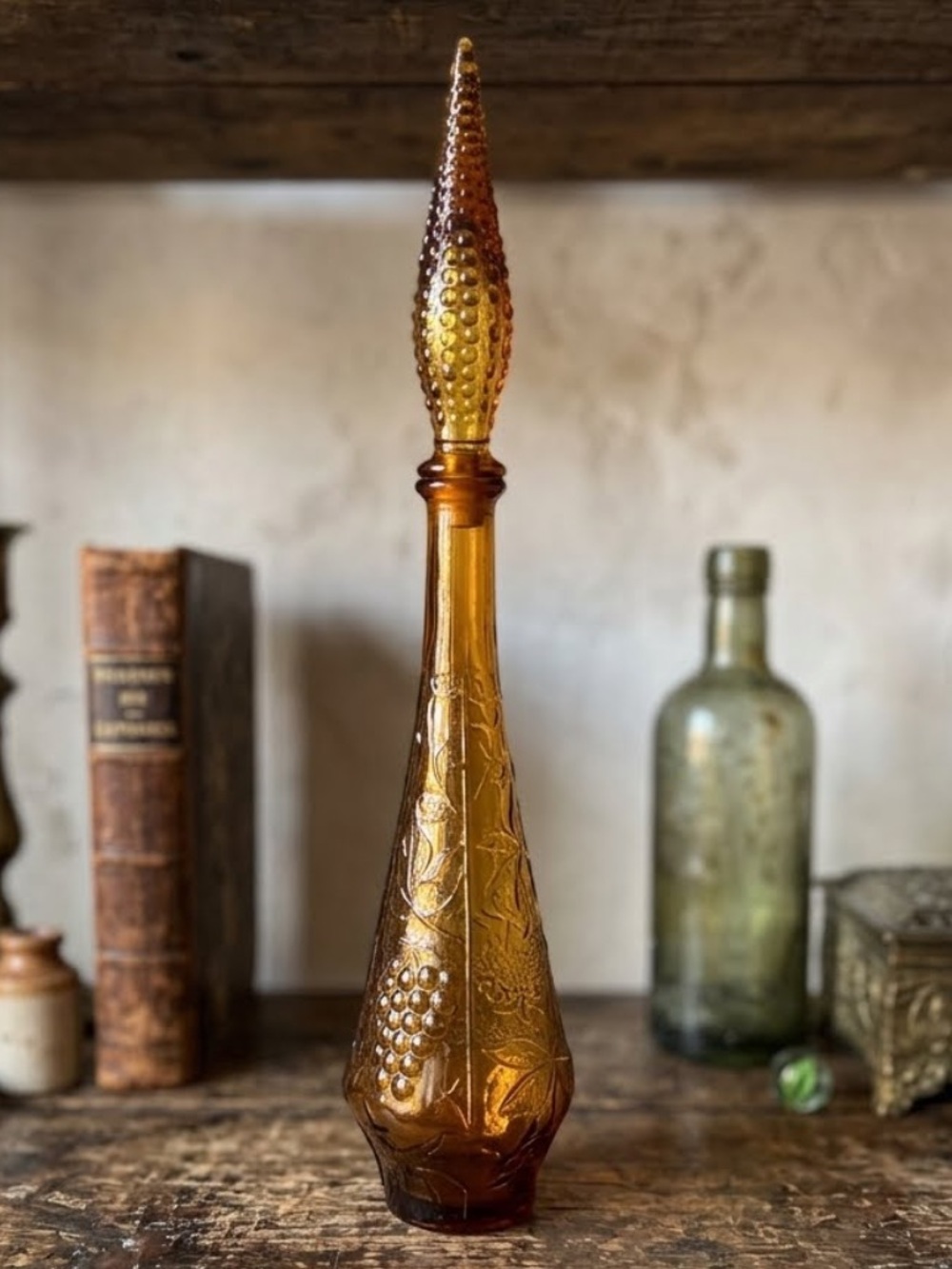 1960s Italian Embossed Fruit Amber 22” Glass / Genie Empoli Bottle & Stopper